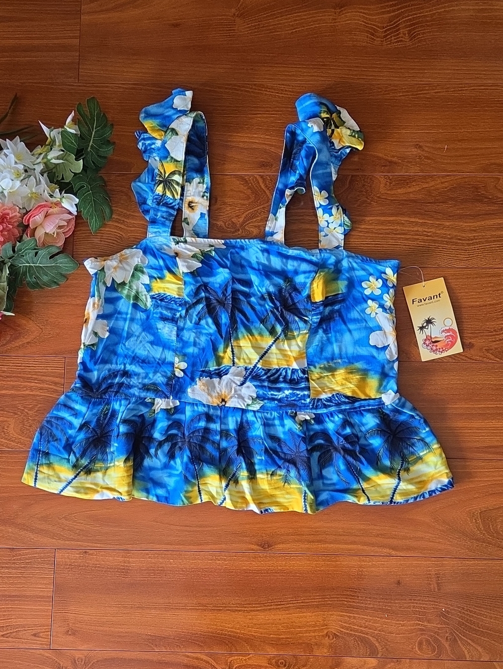 Favant Tropical Blue Floral Ruffle Tank Top Size 2XL